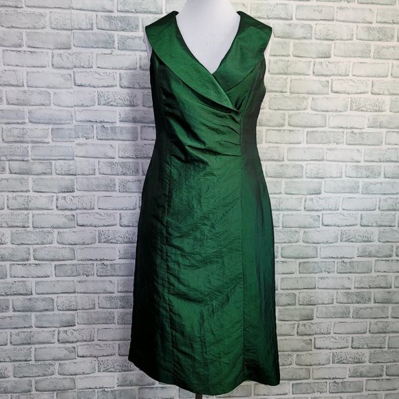 Lygia Farah 42 Green Crushed Taffeta Collared Surplice Sheath‎ Cocktail Dress - Picture 1 of 11